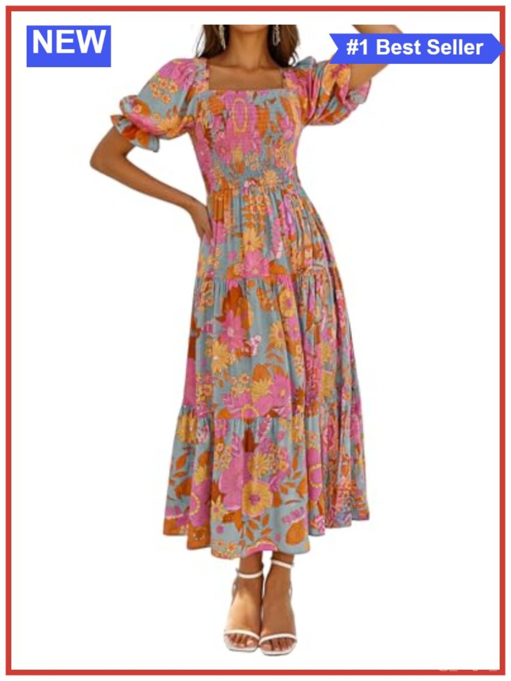 Boho Floral Ruffle Maxi Dress Square Neck Puff Sleeve A-Line Rayon